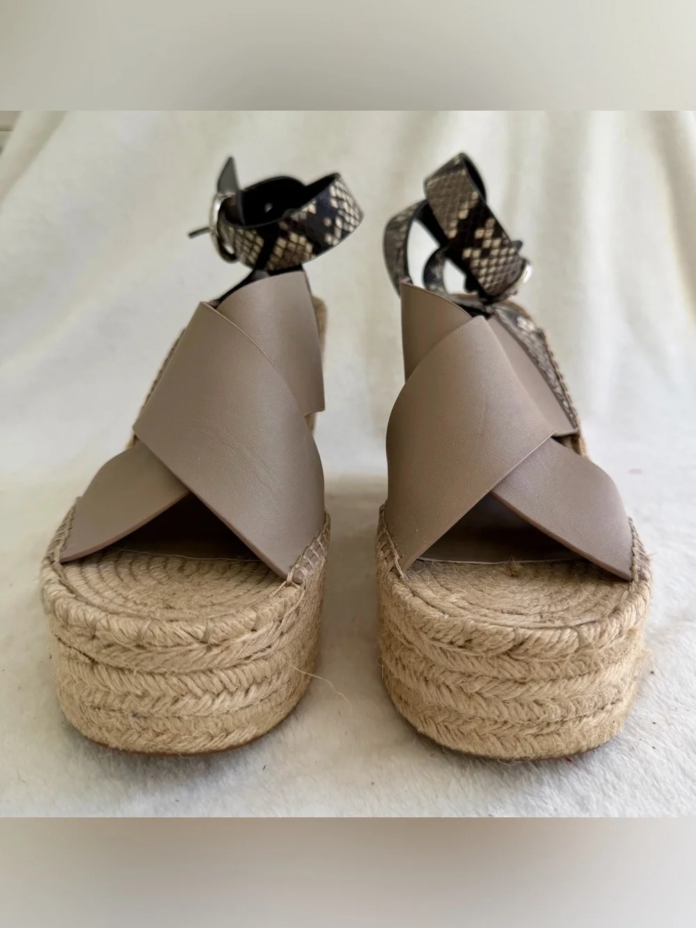 Marc Fisher Abacia Taupe Snakeskin Print Leather Platform Jute Wedge Heels 9.5